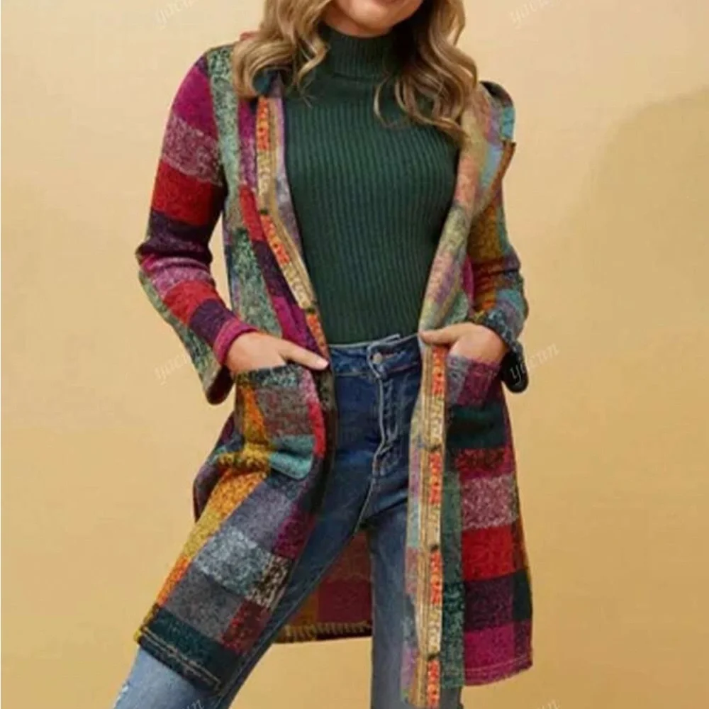 Luxe Plaid Checkered Long Sleeve Pocket Knit Hoodie Sweater Light Coat Brushed - Picture 3 of 8
